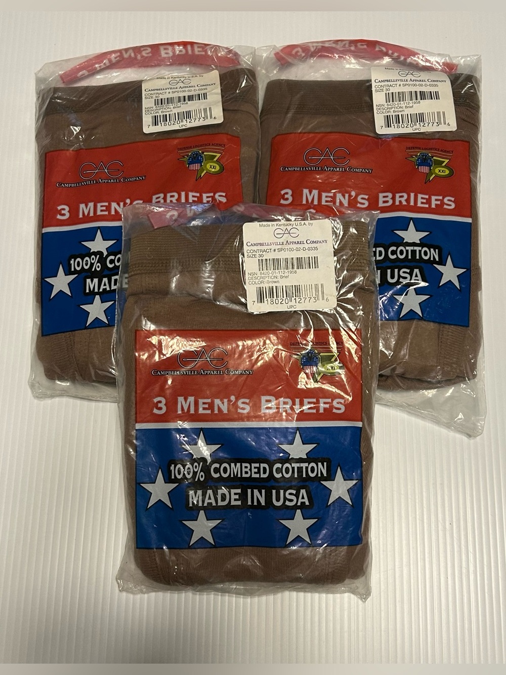100% Cotton Briefs Sz 30 Brown Military Campbellsville Apparel CAC USA 3 packs